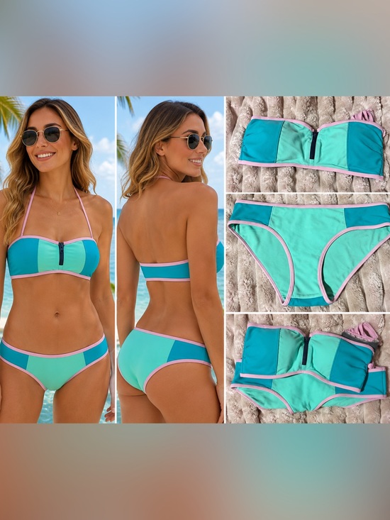 aerie Other - Aerie Colorblock Bandeau Bikini Set Aqua Mint Pink Trim Size Large NWOT